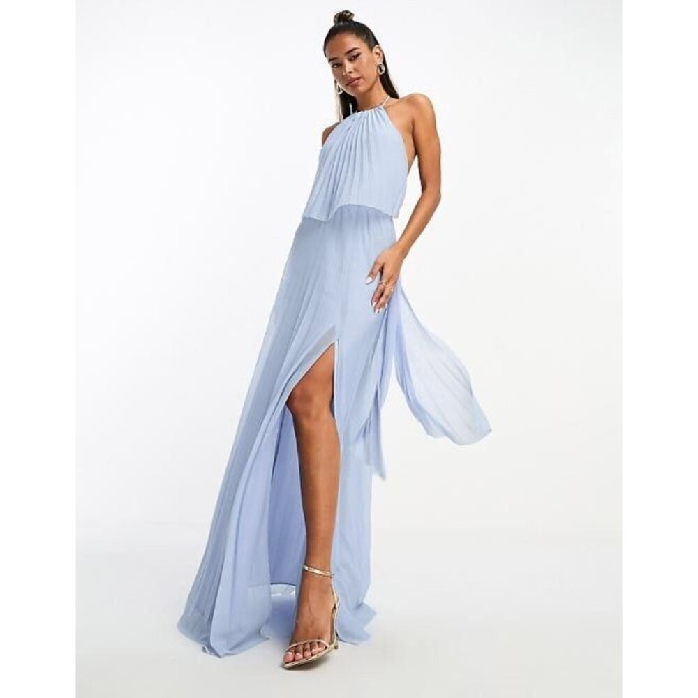 ASOS Design US 14 Womens Pleated Chiffon Halter Neck Maxi Dress High Slit Formal